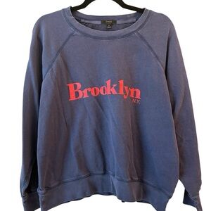 J. Crew Women's Blue Crew Neck Sweater with Red Brooklyn Print